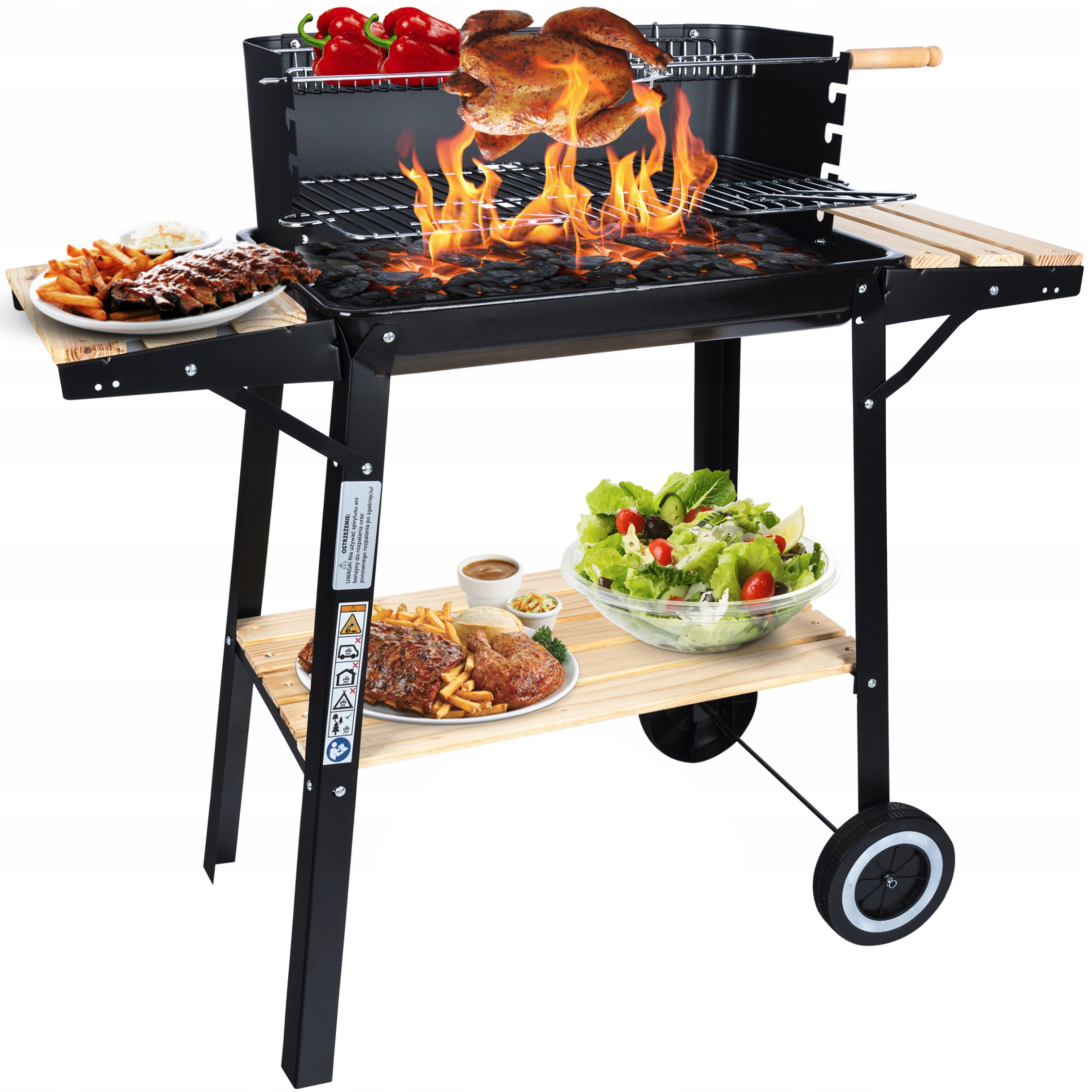GRILL WĘGLOWY OGRODOWY NA KOŁACH ROŻEN 3xPÓŁKI NA BRYKIET BBQ DUŻY GRILL - obrazek 5