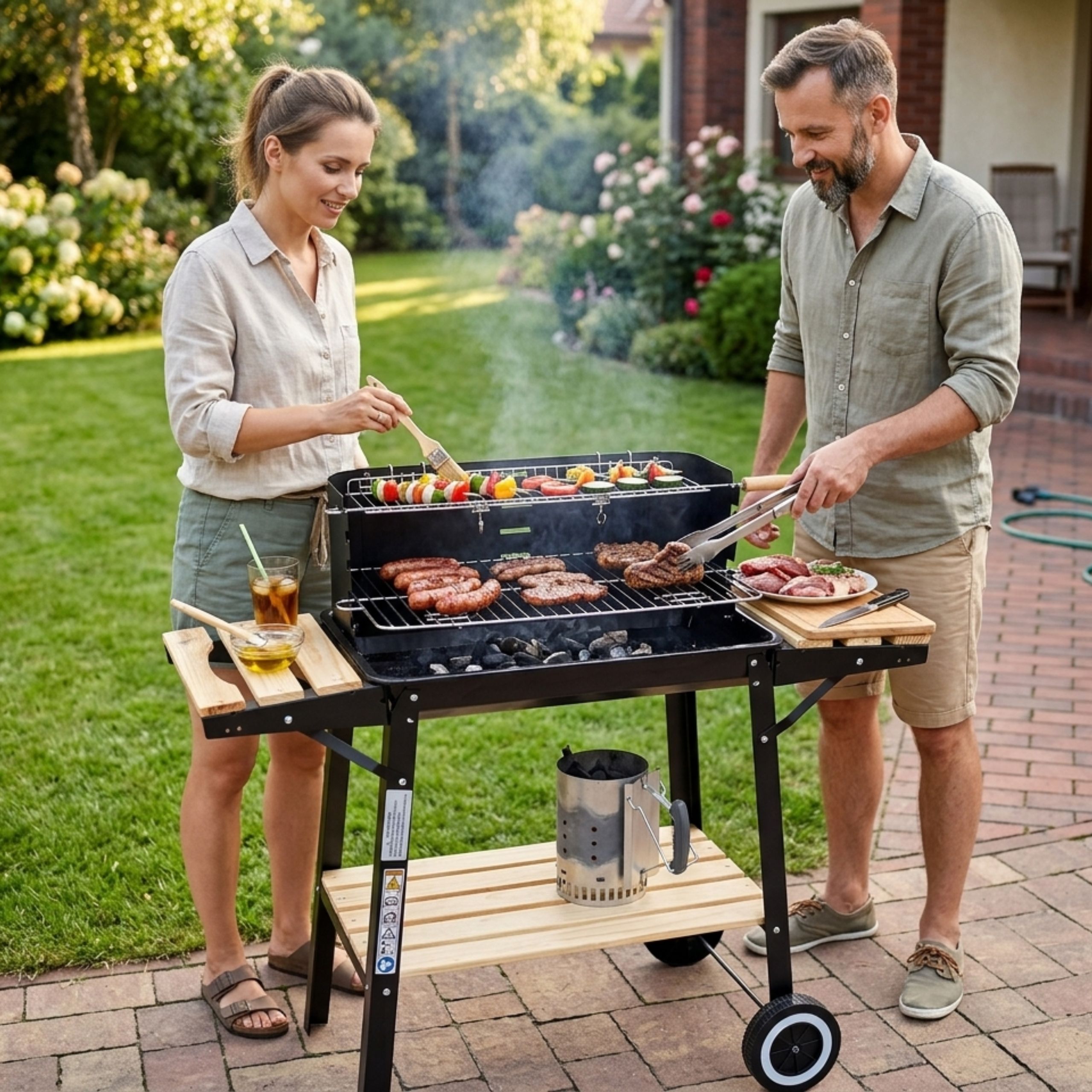 GRILL WĘGLOWY OGRODOWY NA KOŁACH ROŻEN 3xPÓŁKI NA BRYKIET BBQ DUŻY GRILL - obrazek 2