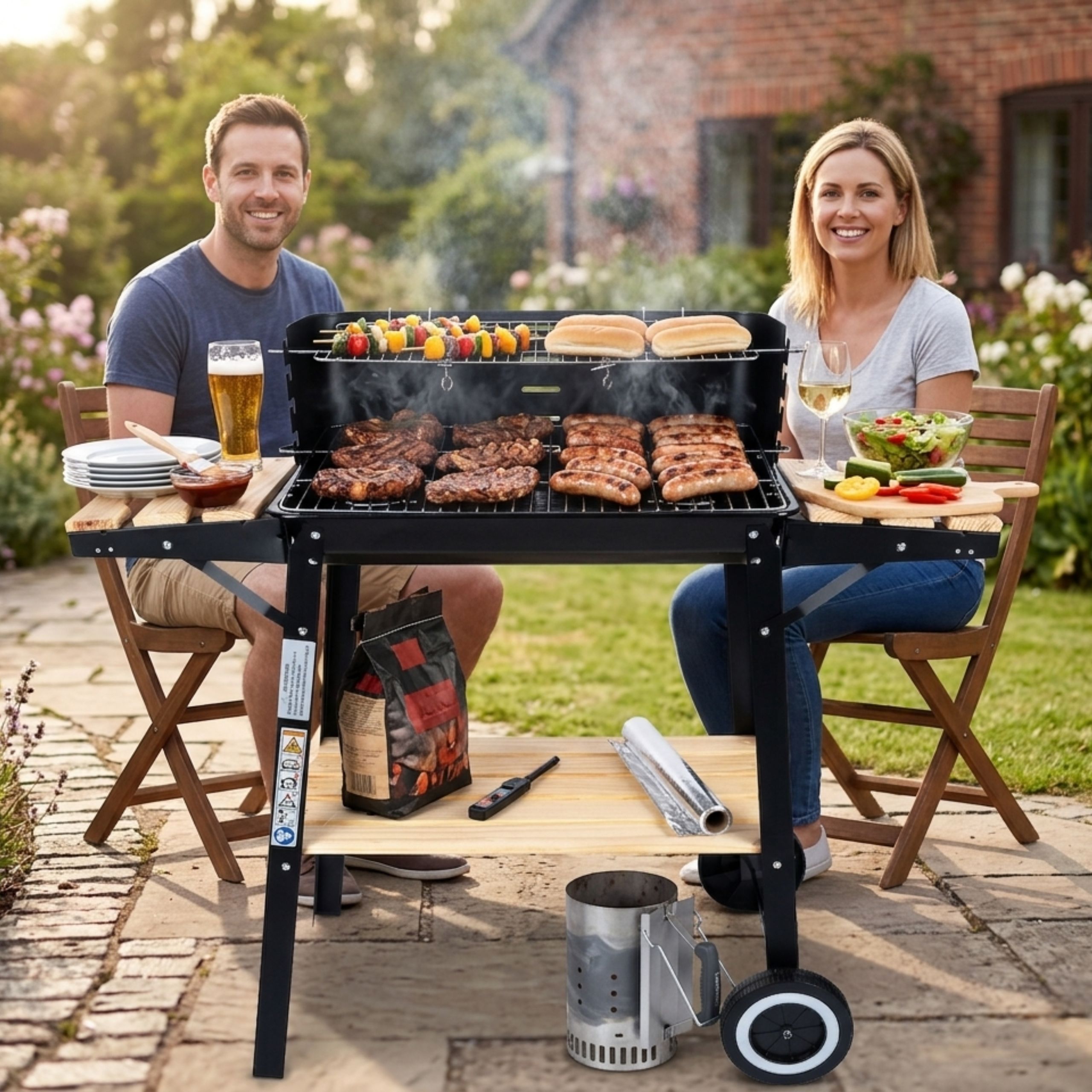 GRILL WĘGLOWY OGRODOWY NA KOŁACH ROŻEN 3xPÓŁKI NA BRYKIET BBQ DUŻY GRILL - obrazek 3