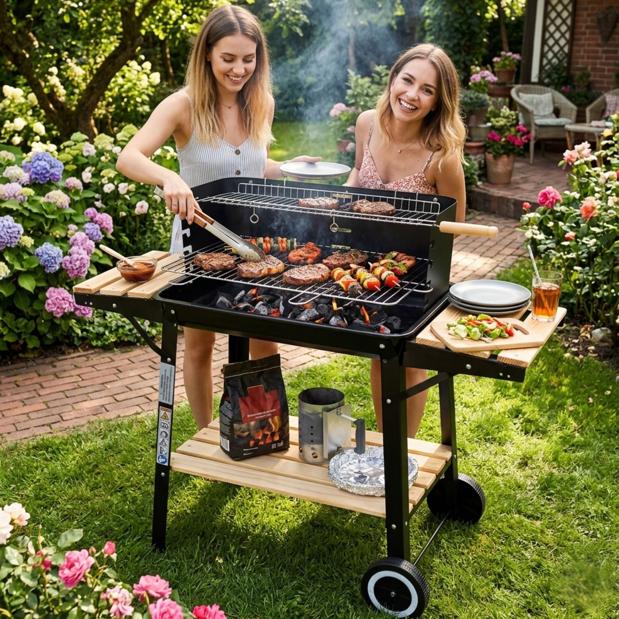 GRILL WĘGLOWY OGRODOWY NA KOŁACH ROŻEN 3xPÓŁKI NA BRYKIET BBQ DUŻY GRILL - obrazek 4