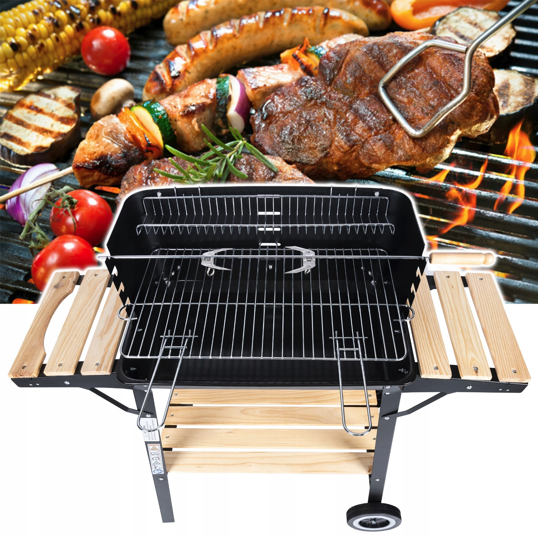 GRILL WĘGLOWY OGRODOWY NA KOŁACH ROŻEN 3xPÓŁKI NA BRYKIET BBQ DUŻY GRILL - obrazek 7