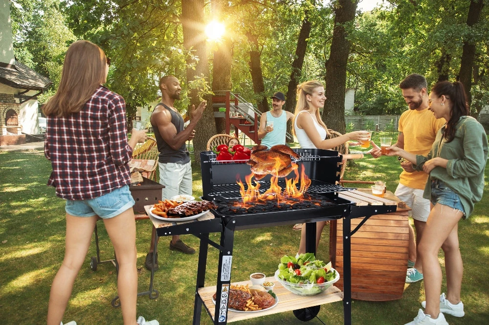 GRILL WĘGLOWY OGRODOWY NA KOŁACH ROŻEN 3xPÓŁKI NA BRYKIET BBQ DUŻY GRILL - obrazek 9