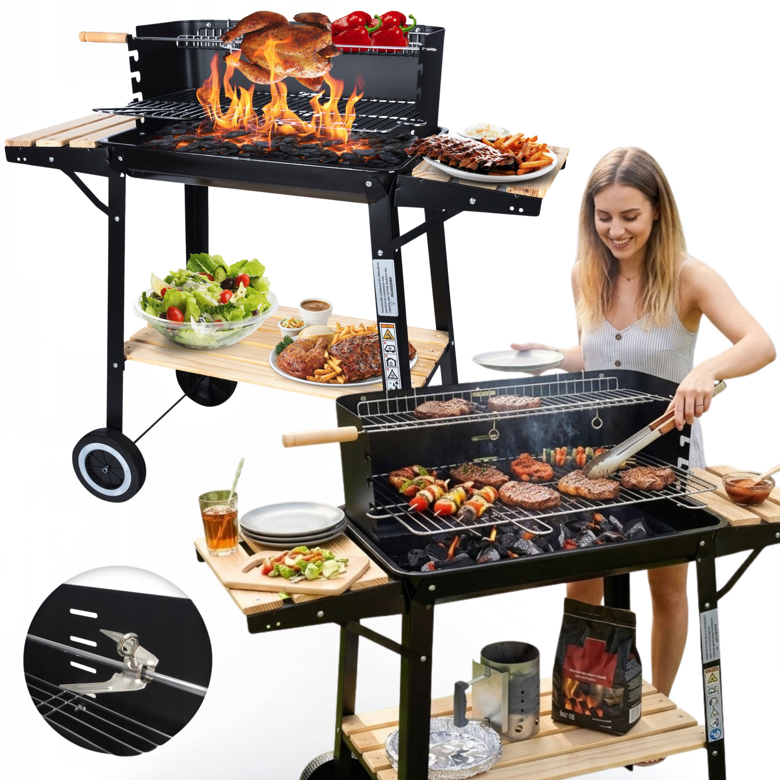 GRILL WĘGLOWY OGRODOWY NA KOŁACH ROŻEN 3xPÓŁKI NA BRYKIET BBQ DUŻY GRILL